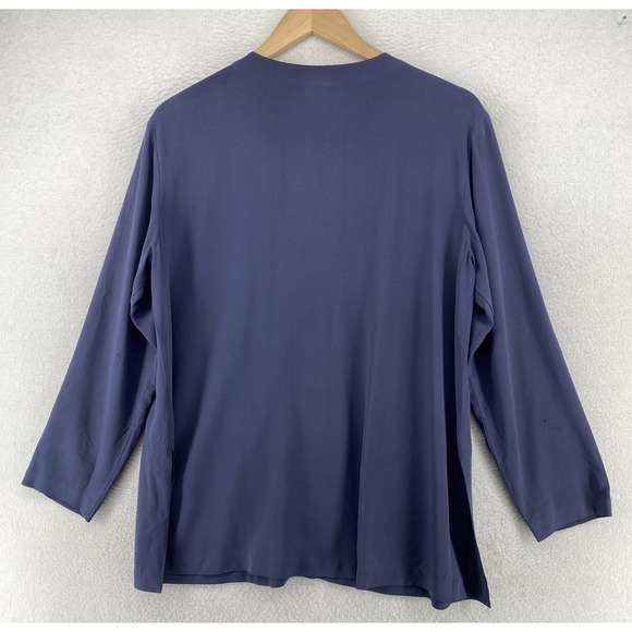 EILEEN FISHER Top S 90s Silk Twill Blouse One Button Long Sleeve Blue Vintage - Picture 3 of 14